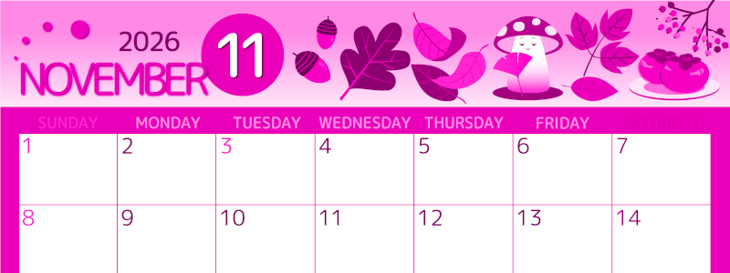 2026年11月横型日曜始まり きのこイラストのかわいいA4無料ピンクのカレンダー(2026-00811100)