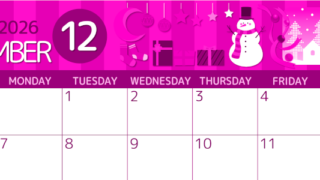 2026年12月横型日曜始まり 雪だるまイラストのかわいいA4無料ピンクのカレンダー(2026-00811200)