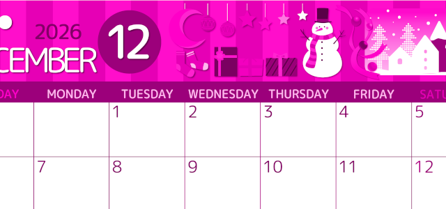 2026年12月横型日曜始まり 雪だるまイラストのかわいいA4無料ピンクのカレンダー(2026-00811200)