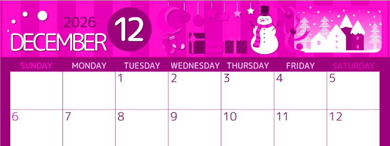 2026年12月横型日曜始まり 雪だるまイラストのかわいいA4無料ピンクのカレンダー(2026-00811200)