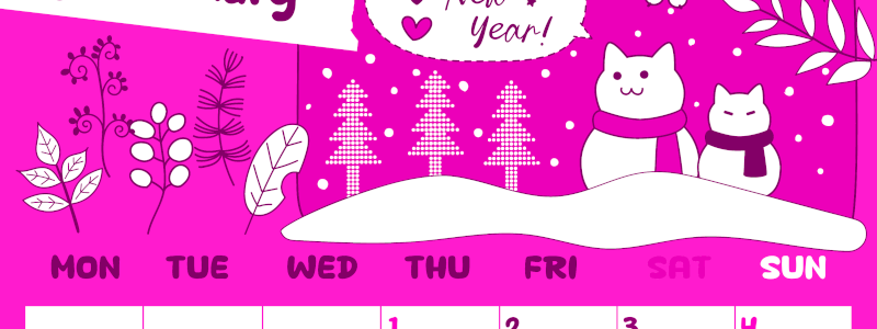 2026年1月縦型月曜始まり ポップな雪イラストのかわいいA4無料ピンクのカレンダー(2026-00820111)