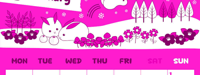 2026年2月縦型月曜始まり ポップかわいいイラストA4無料ピンクのカレンダー(2026-00820211)