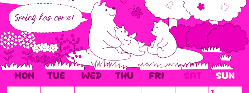 2026年3月縦型月曜始まり ポップかわいい白熊イラストのA4無料ピンクのカレンダー(2026-00820311)