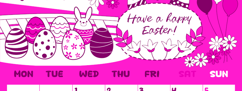 2026年4月縦型月曜始まり イースターエッグイラストのかわいいA4無料ピンクのカレンダー(2026-00820411)