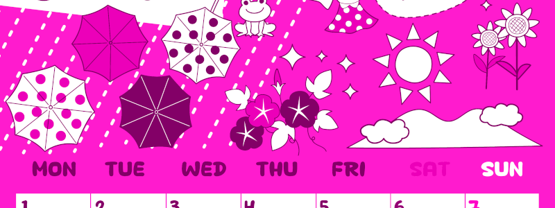 2026年6月縦型月曜始まり 季節イラストのかわいいA4無料ピンクのカレンダー(2026-00820611)