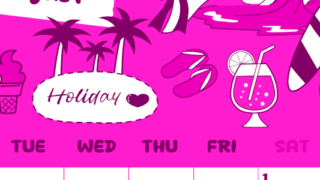 2026年8月縦型月曜始まり 海岸イラストのかわいいA4無料ピンクのカレンダー(2026-00820811)