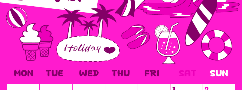 2026年8月縦型月曜始まり 海岸イラストのかわいいA4無料ピンクのカレンダー(2026-00820811)