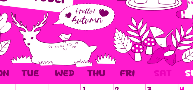 2026年10月縦型月曜始まり 鹿のイラストがかわいいA4無料ピンクのカレンダー(2026-00821011)