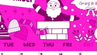 2026年12月縦型月曜始まり サンタのイラストがかわいいA4無料ピンクのカレンダー(2026-00821211)