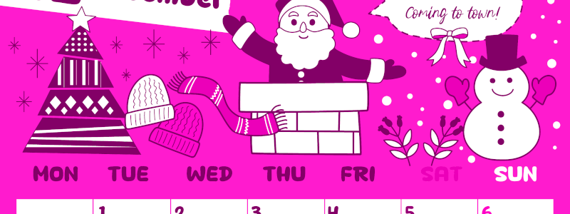 2026年12月縦型月曜始まり サンタのイラストがかわいいA4無料ピンクのカレンダー(2026-00821211)