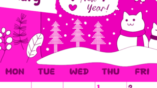 2026年1月縦型日曜始まり ポップな猫イラストのかわいいA4無料ピンクのカレンダー(2026-00820110)