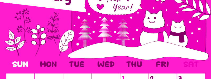 2026年1月縦型日曜始まり ポップな猫イラストのかわいいA4無料ピンクのカレンダー(2026-00820110)