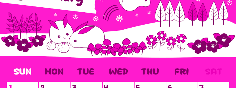 2026年2月縦型日曜始まり ポップかわいいイラストA4無料ピンクのカレンダー(2026-00820210)