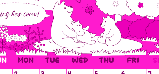 2026年3月縦型日曜始まり ポップかわいい白熊イラストのA4無料ピンクのカレンダー(2026-00820310)