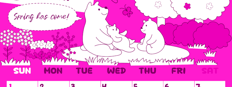 2026年3月縦型日曜始まり ポップかわいい白熊イラストのA4無料ピンクのカレンダー(2026-00820310)