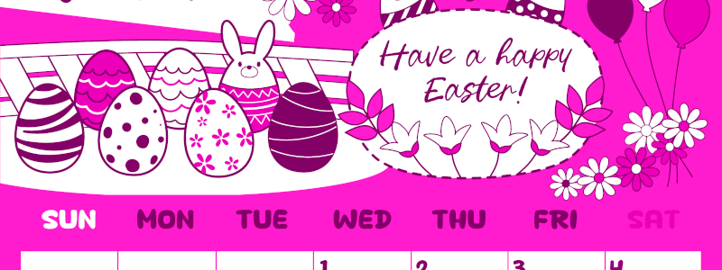 2026年4月縦型日曜始まり イースターエッグイラストのかわいいA4無料ピンクのカレンダー(2026-00820410)