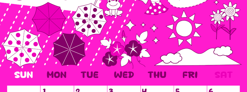 2026年6月縦型日曜始まり 季節イラストのかわいいA4無料ピンクのカレンダー(2026-00820610)