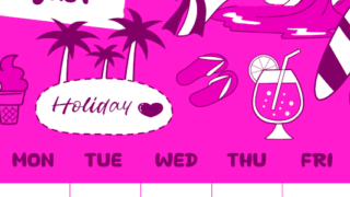 2026年8月縦型日曜始まり 海岸イラストのかわいいA4無料ピンクのカレンダー(2026-00820810)