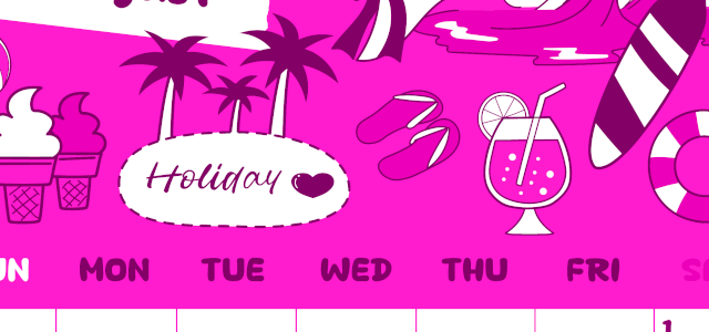 2026年8月縦型日曜始まり 海岸イラストのかわいいA4無料ピンクのカレンダー(2026-00820810)