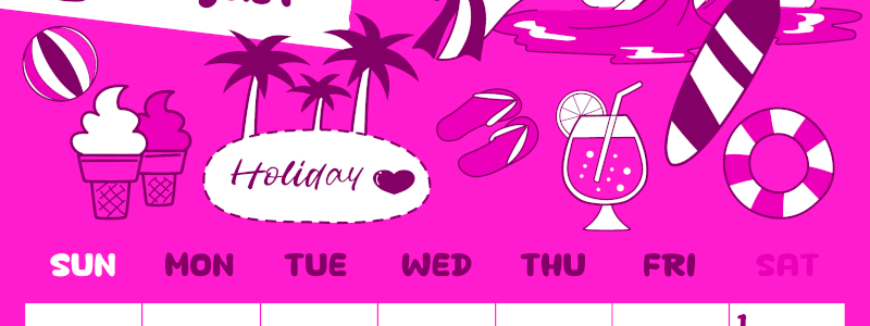 2026年8月縦型日曜始まり 海岸イラストのかわいいA4無料ピンクのカレンダー(2026-00820810)