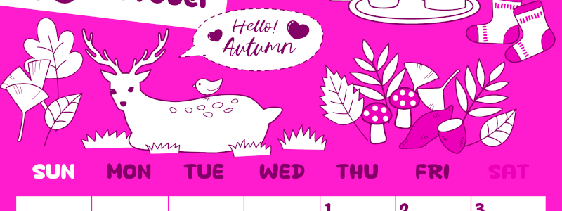 2026年10月縦型日曜始まり 鹿のイラストがかわいいA4無料ピンクのカレンダー(2026-00821010)