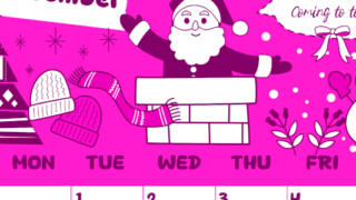 2026年12月縦型日曜始まり サンタのイラストがかわいいA4無料ピンクのカレンダー(2026-00821210)