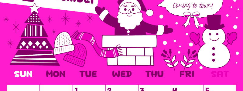 2026年12月縦型日曜始まり サンタのイラストがかわいいA4無料ピンクのカレンダー(2026-00821210)