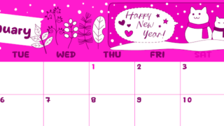 2026年1月横型月曜始まり 雪と猫イラストのかわいいA4無料ピンクのカレンダー(2026-00820101)