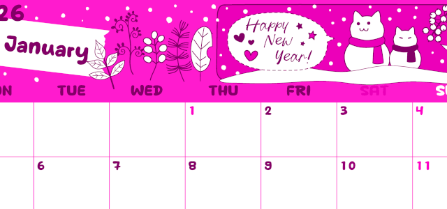2026年1月横型月曜始まり 雪と猫イラストのかわいいA4無料ピンクのカレンダー(2026-00820101)