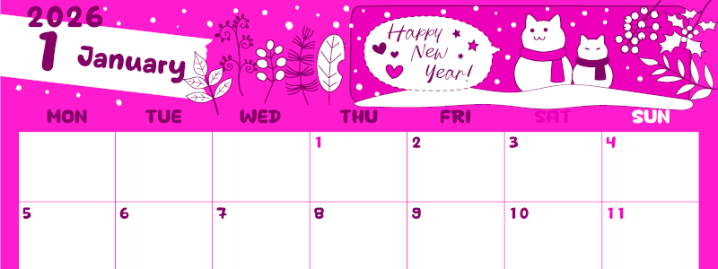 2026年1月横型月曜始まり 雪と猫イラストのかわいいA4無料ピンクのカレンダー(2026-00820101)