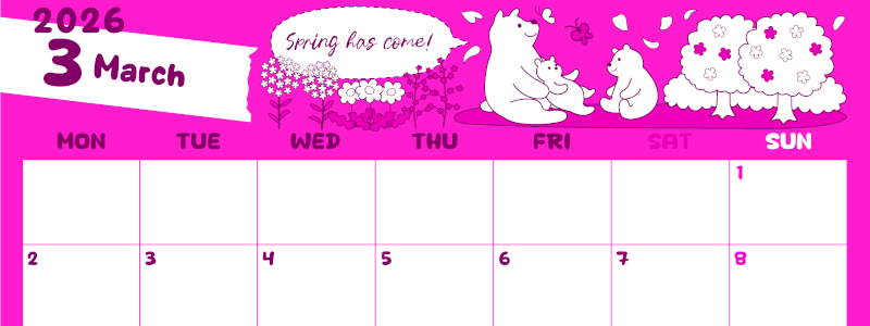 2026年3月横型月曜始まり ポップかわいい白熊イラストのA4無料ピンクのカレンダー(2026-00820301)