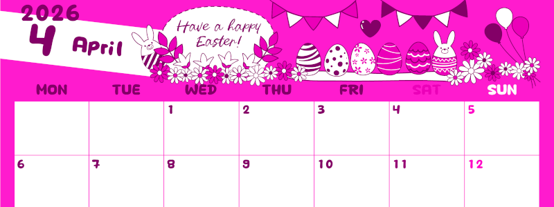 2026年4月横型月曜始まり イースターエッグイラストのかわいいA4無料ピンクのカレンダー(2026-00820401)