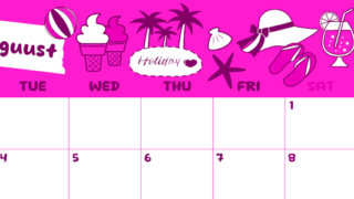 2026年8月横型月曜始まり 海岸イラストのかわいいA4無料ピンクのカレンダー(2026-00820801)