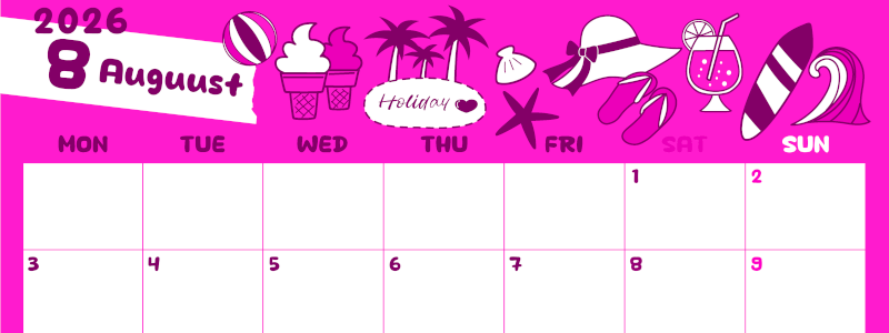 2026年8月横型月曜始まり 海岸イラストのかわいいA4無料ピンクのカレンダー(2026-00820801)