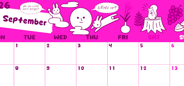 2026年9月横型月曜始まり 森の動物イラストがかわいいA4無料ピンクのカレンダー(2026-00820901)