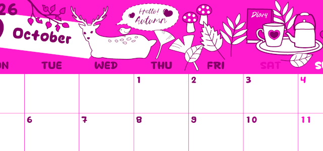 2026年10月横型月曜始まり 鹿のイラストがかわいいA4無料ピンクのカレンダー(2026-00821001)