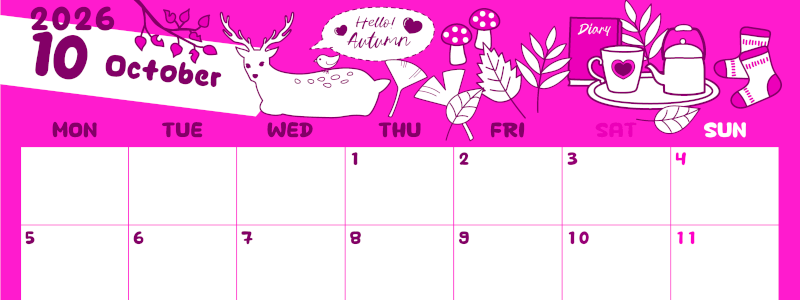 2026年10月横型月曜始まり 鹿のイラストがかわいいA4無料ピンクのカレンダー(2026-00821001)