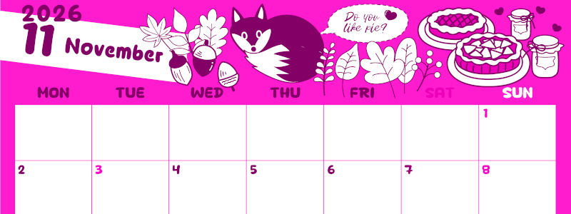 2026年11月横型月曜始まり アップルパイのイラストがかわいいA4無料ピンクのカレンダー(2026-00821101)