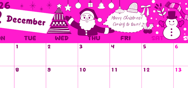 2026年12月横型月曜始まり サンタのイラストがかわいいA4無料ピンクのカレンダー(2026-00821201)