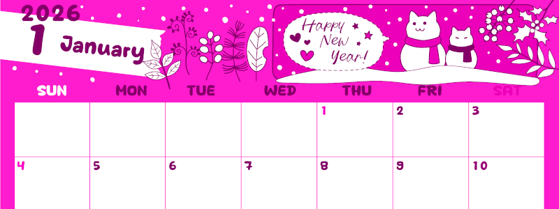2026年1月横型日曜始まり 雪だるま猫イラストのかわいいA4無料ピンクのカレンダー(2026-00820100)