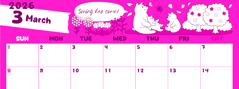 2026年3月横型日曜始まり ポップかわいい白熊イラストのA4無料ピンクのカレンダー(2026-00820300)