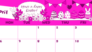 2026年4月横型日曜始まり イースターエッグイラストのかわいいA4無料ピンクのカレンダー(2026-00820400)