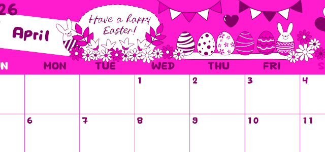 2026年4月横型日曜始まり イースターエッグイラストのかわいいA4無料ピンクのカレンダー(2026-00820400)