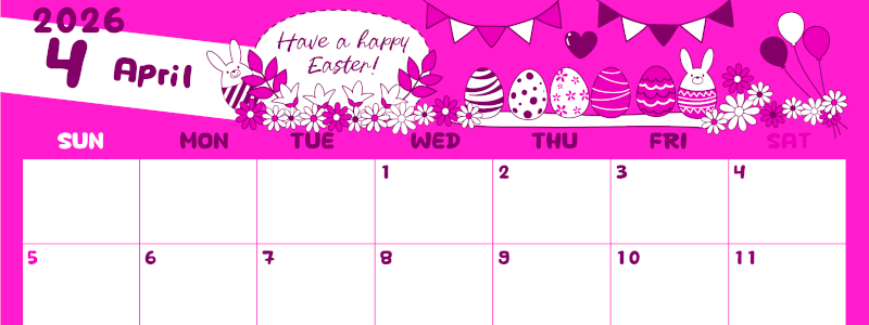2026年4月横型日曜始まり イースターエッグイラストのかわいいA4無料ピンクのカレンダー(2026-00820400)