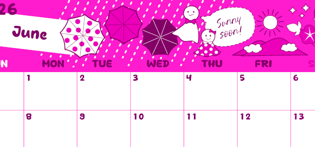 2026年6月横型日曜始まり 季節イラストのかわいいA4無料ピンクのカレンダー(2026-00820600)