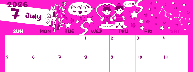 2026年7月横型日曜始まり ポップなイラストがかわいいA4無料ピンクのカレンダー(2026-00820700)