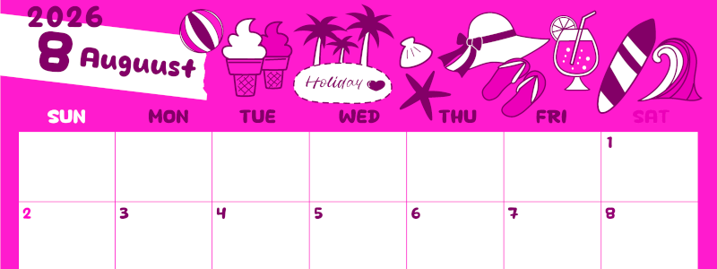 2026年8月横型日曜始まり 海岸イラストのかわいいA4無料ピンクのカレンダー(2026-00820800)