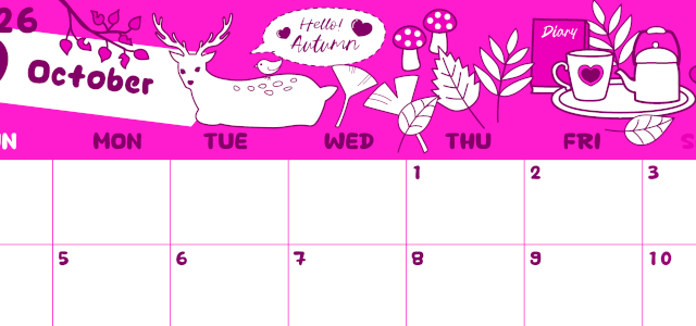 2026年10月横型日曜始まり 鹿のイラストがかわいいA4無料ピンクのカレンダー(2026-00821000)