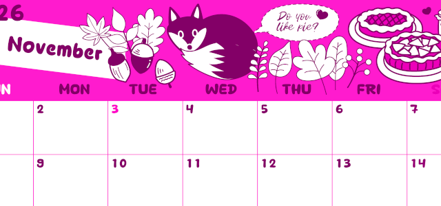2026年11月横型日曜始まり アップルパイのイラストがかわいいA4無料ピンクのカレンダー(2026-00821100)