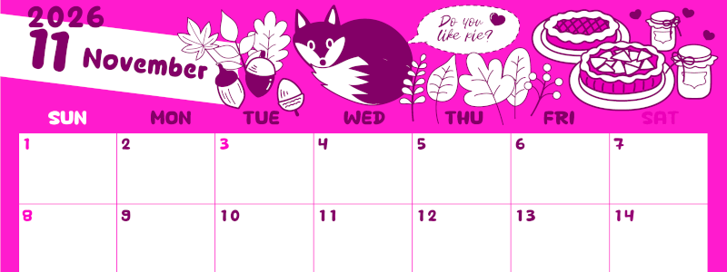 2026年11月横型日曜始まり アップルパイのイラストがかわいいA4無料ピンクのカレンダー(2026-00821100)